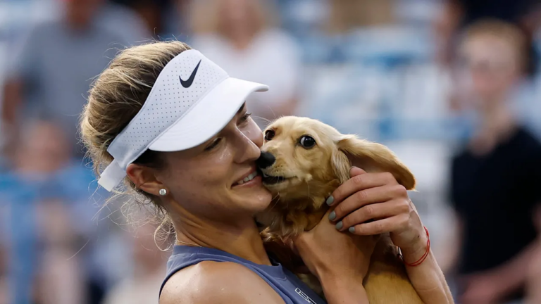 Tennis star Anna Kalinskaya celebrates win with her dog