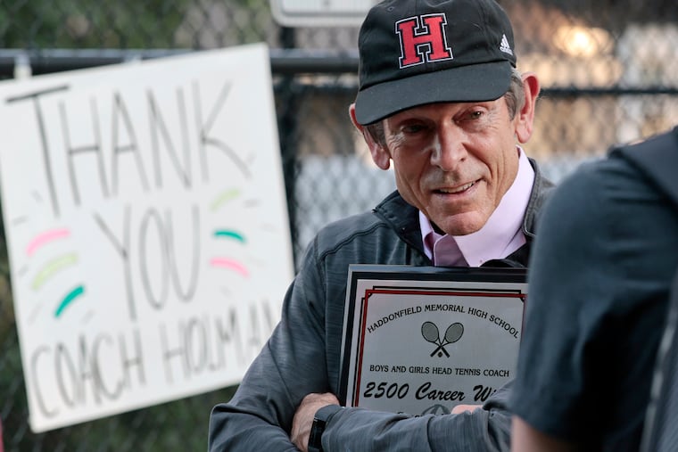 Longtime Haddonfield Memorial High tennis coach Jeff Holman celebrates his 2,500th career win