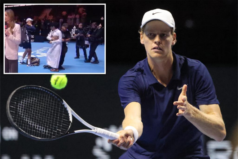 Fan wildly approaches Jannik Sinner on court at Six Kings Slam