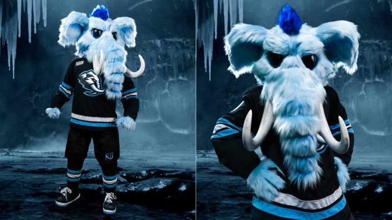 Mammoth mascot Tusky emerges from block of ice before home opener