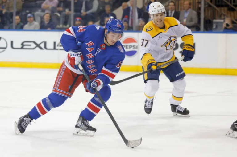 Gabe Perreault notches first NHL point in season debut on Rangers’ top line
