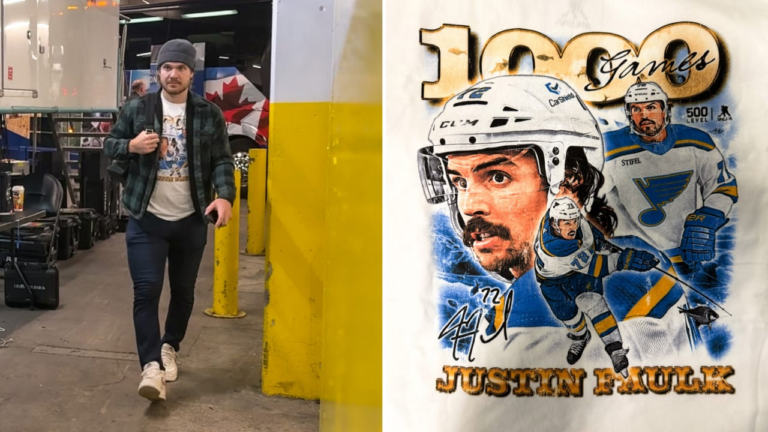 Blues rock custom T-shirts to celebrate Faulk’s 1,000th NHL game