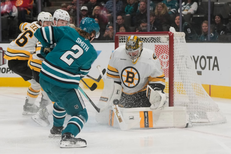 Morgan Geekie ties for NHL goals lead but Bruins lack for any other offensive bite in loss to Sharks