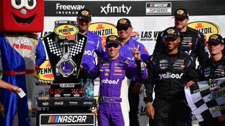 Denny Hamlin storms back to win at Las Vegas after early penalty